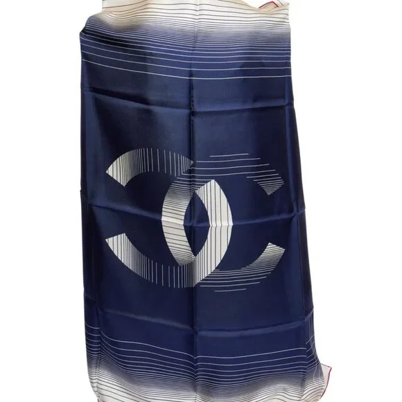 CHANEL BLUE SILK CC LOGO SHAWL - Picture 2 of 11